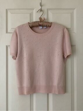 Real Clothes Silk/Cashmere Blend Short Sleeve Sweater w/Faux Pearls Size P XL
